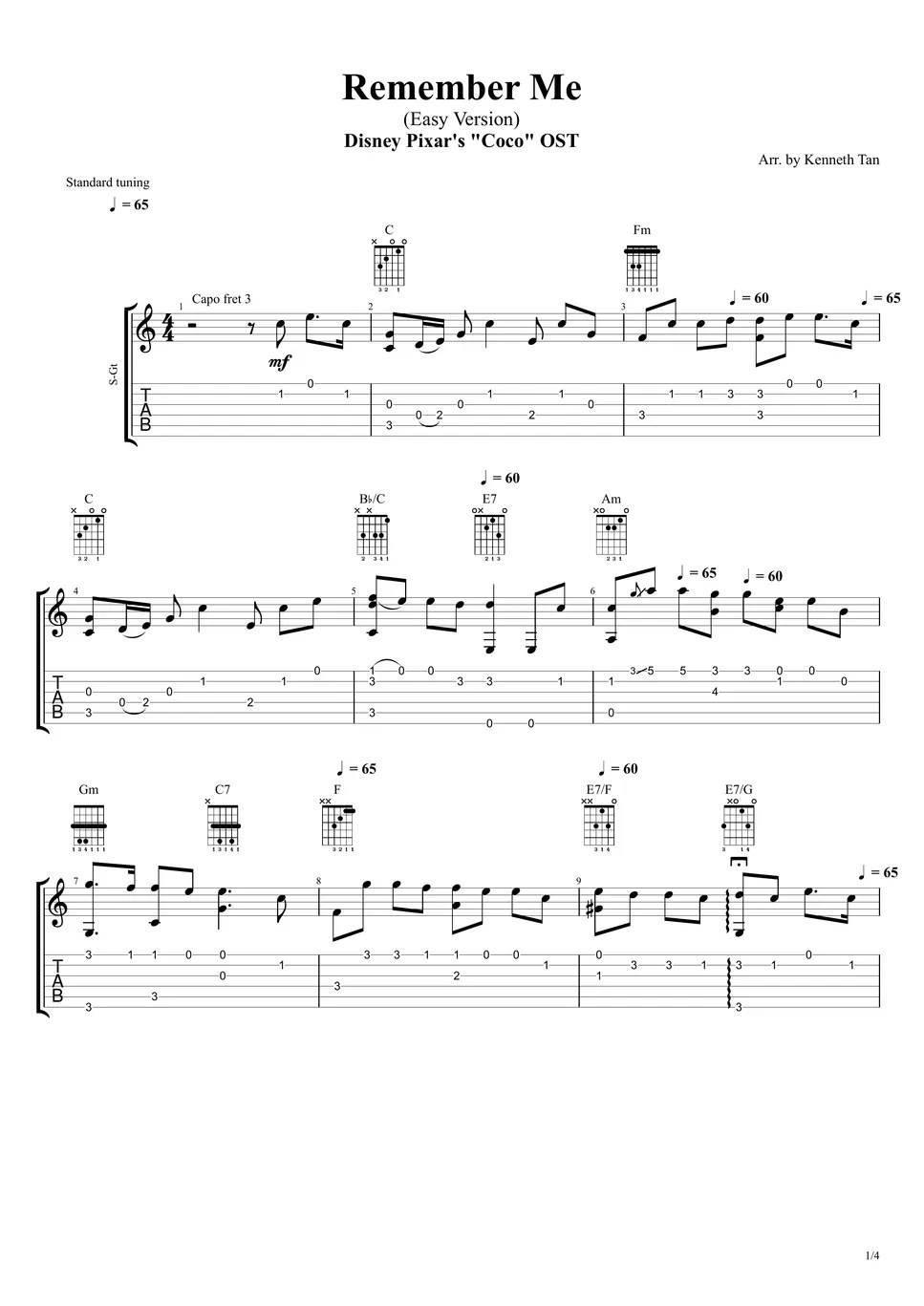 Disney Pixar's "Coco" OST Fingerstyle Guitar Remember Me (Easy