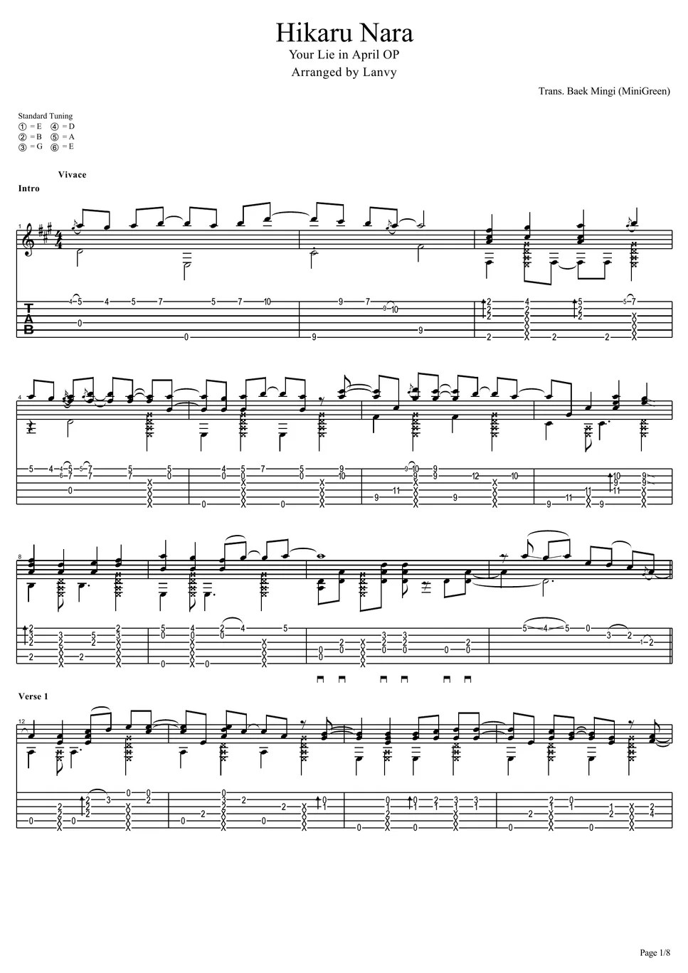 Hikaru Nara (Your Lie In April OP) by Goose House TABs Notenblatt