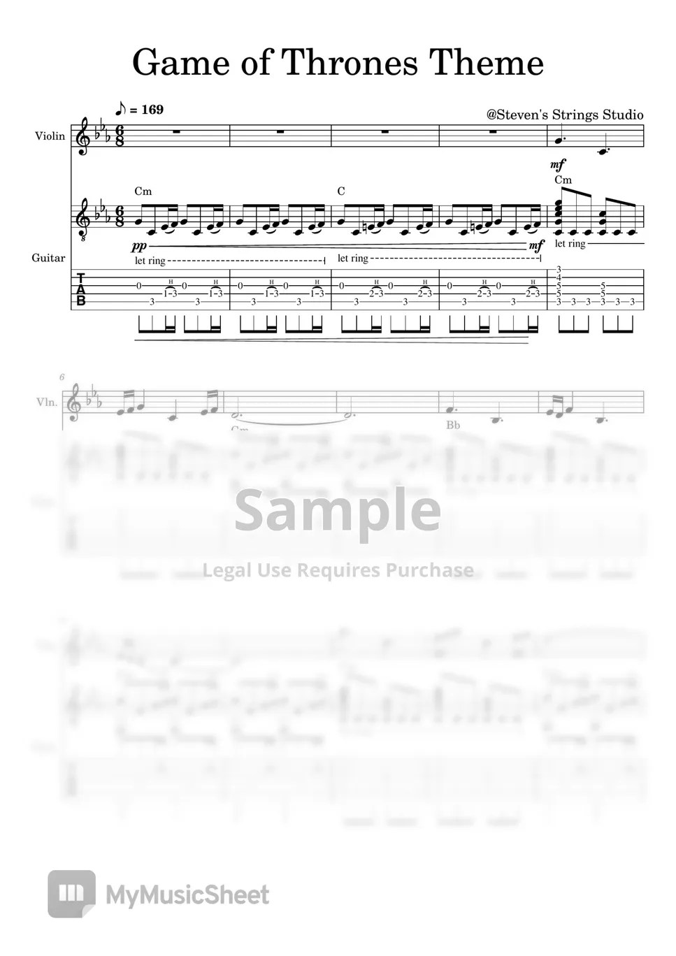 Game of Thrones Game of Thrones Main Theme (Violin Guitar Duet) Tab + 1staff by Steven's