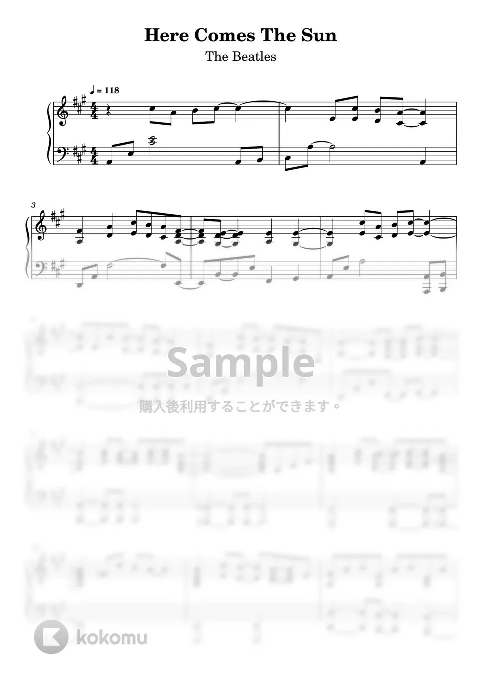 The Beatles Here Comes The Sun 楽譜 by Piano Go Life