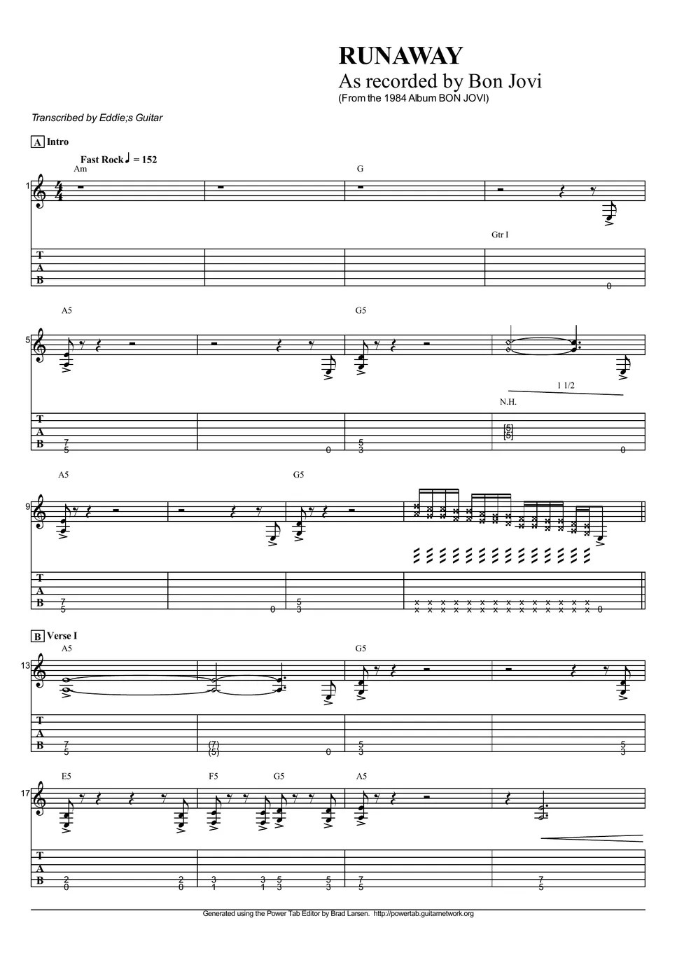 Bon Jovi Runaway Sheet