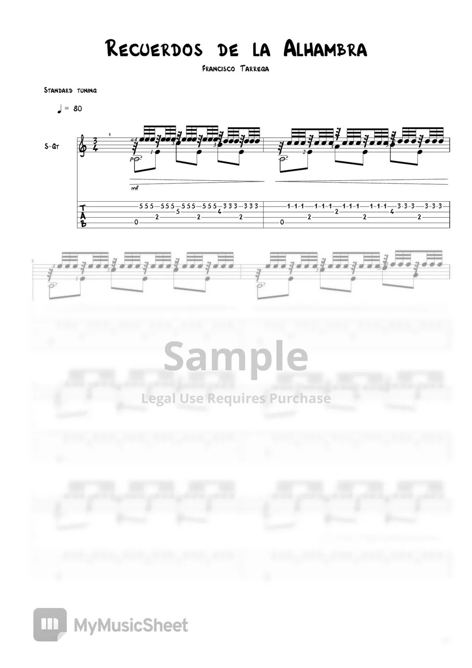 Francisco Tarrega Recuerdos de la Alhambra Tab + 1staff by Agape Guitar