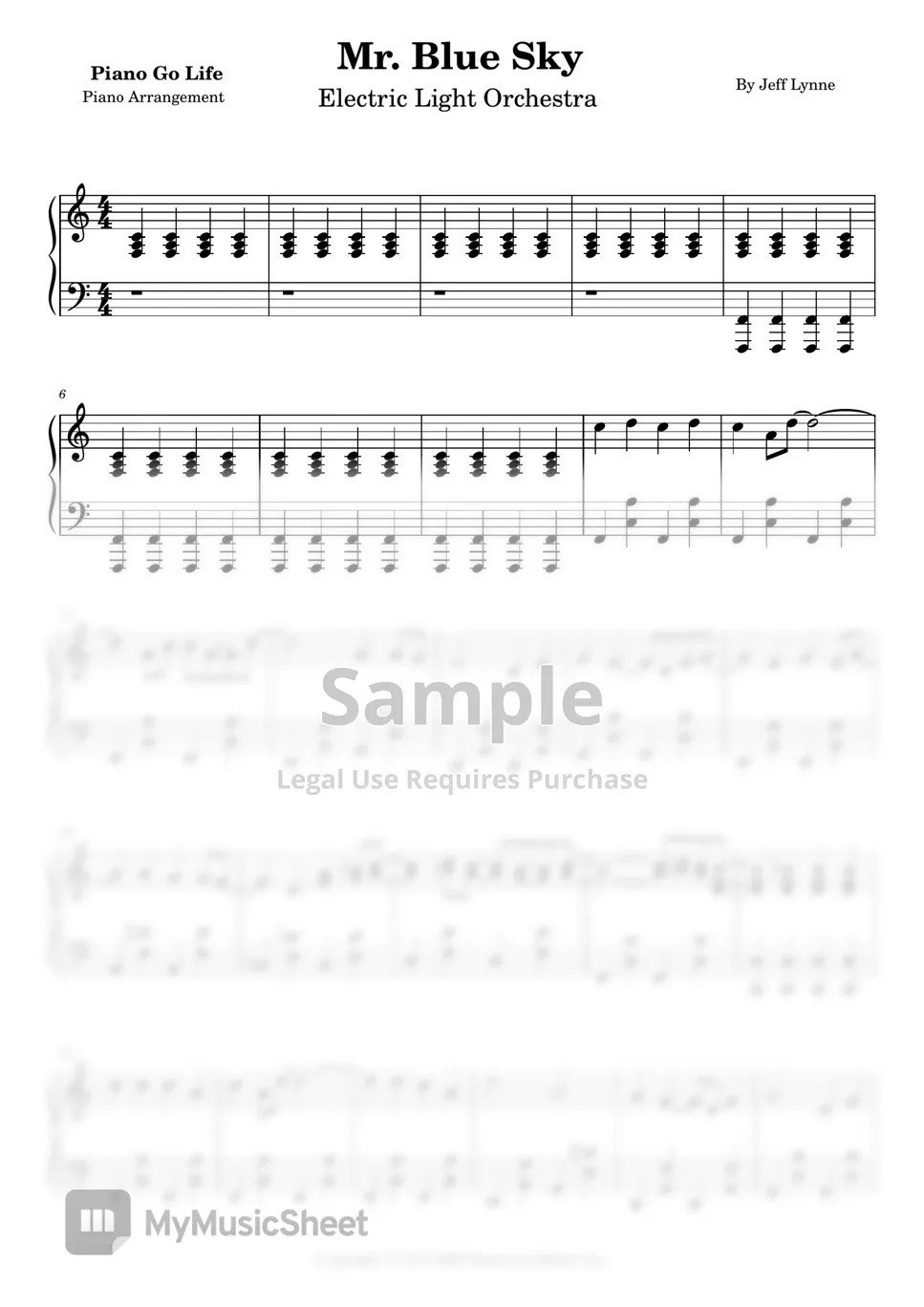 Electric Light Orchestra Mr. Blue Sky Sheets by Piano Go Life
