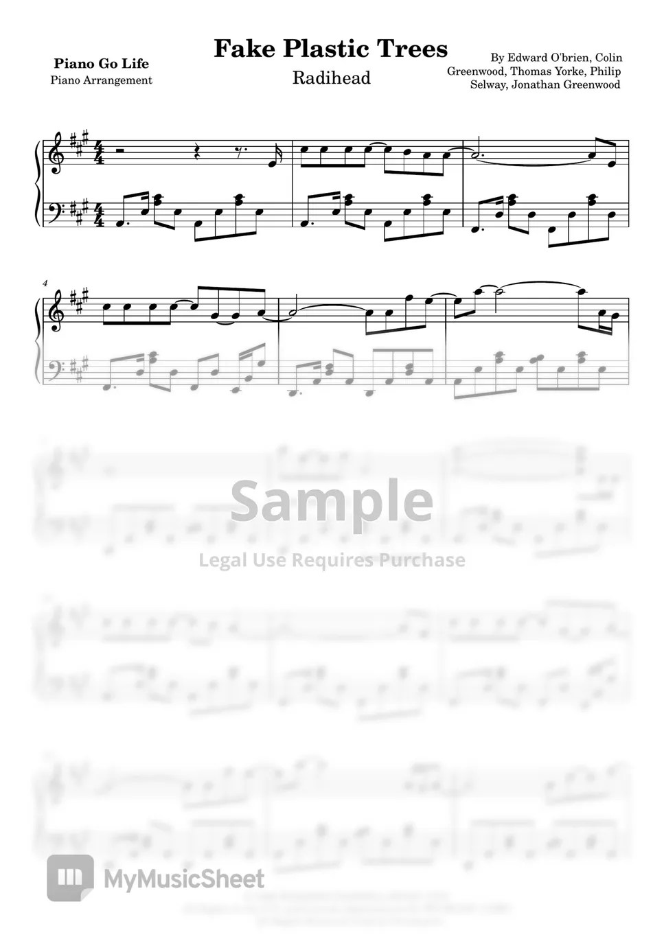 Radiohead Fake Plastic Trees 악보 by Piano Go Life