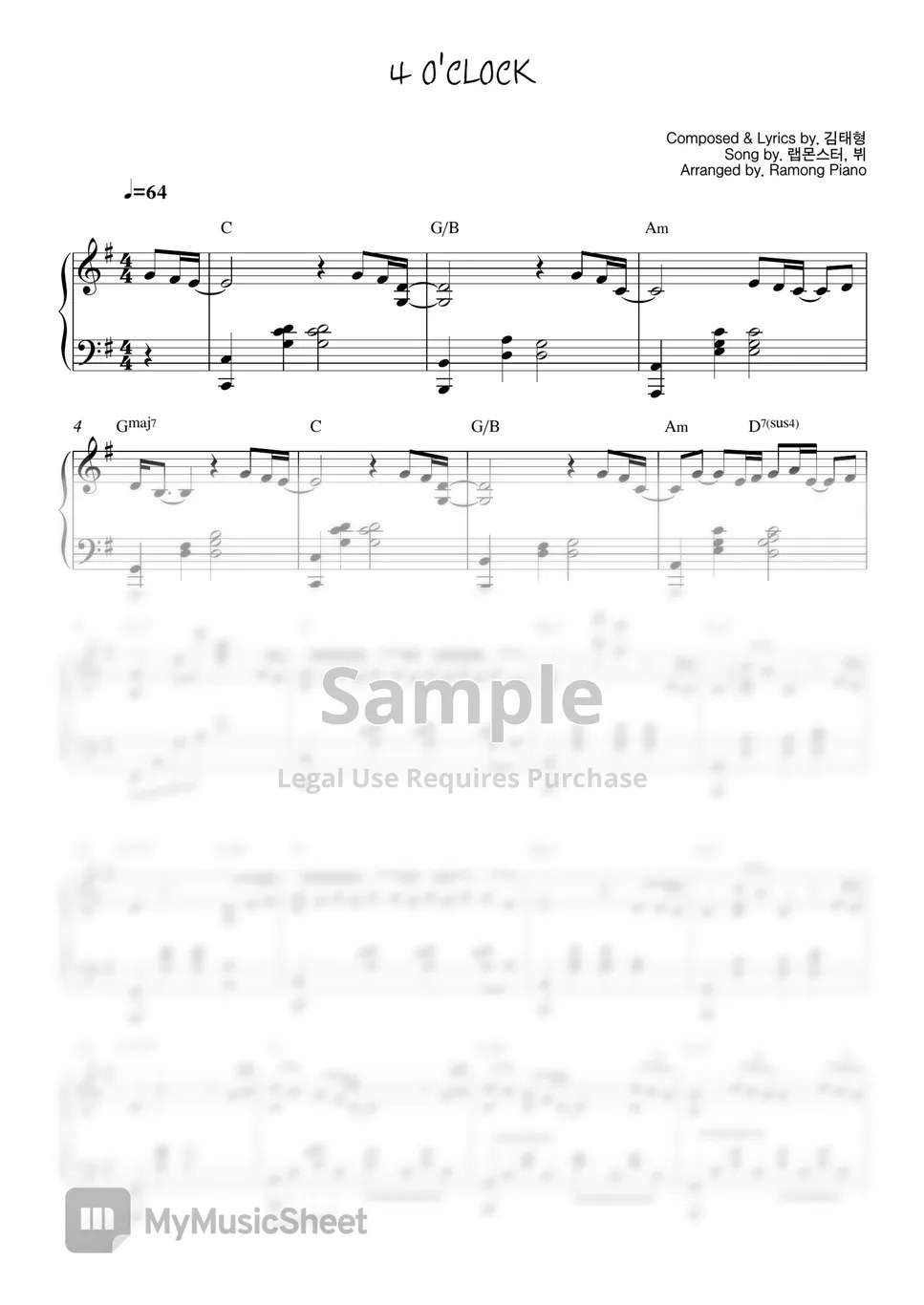 BTS V, RM 4 O'CLOCK Sheets by Ramong Piano