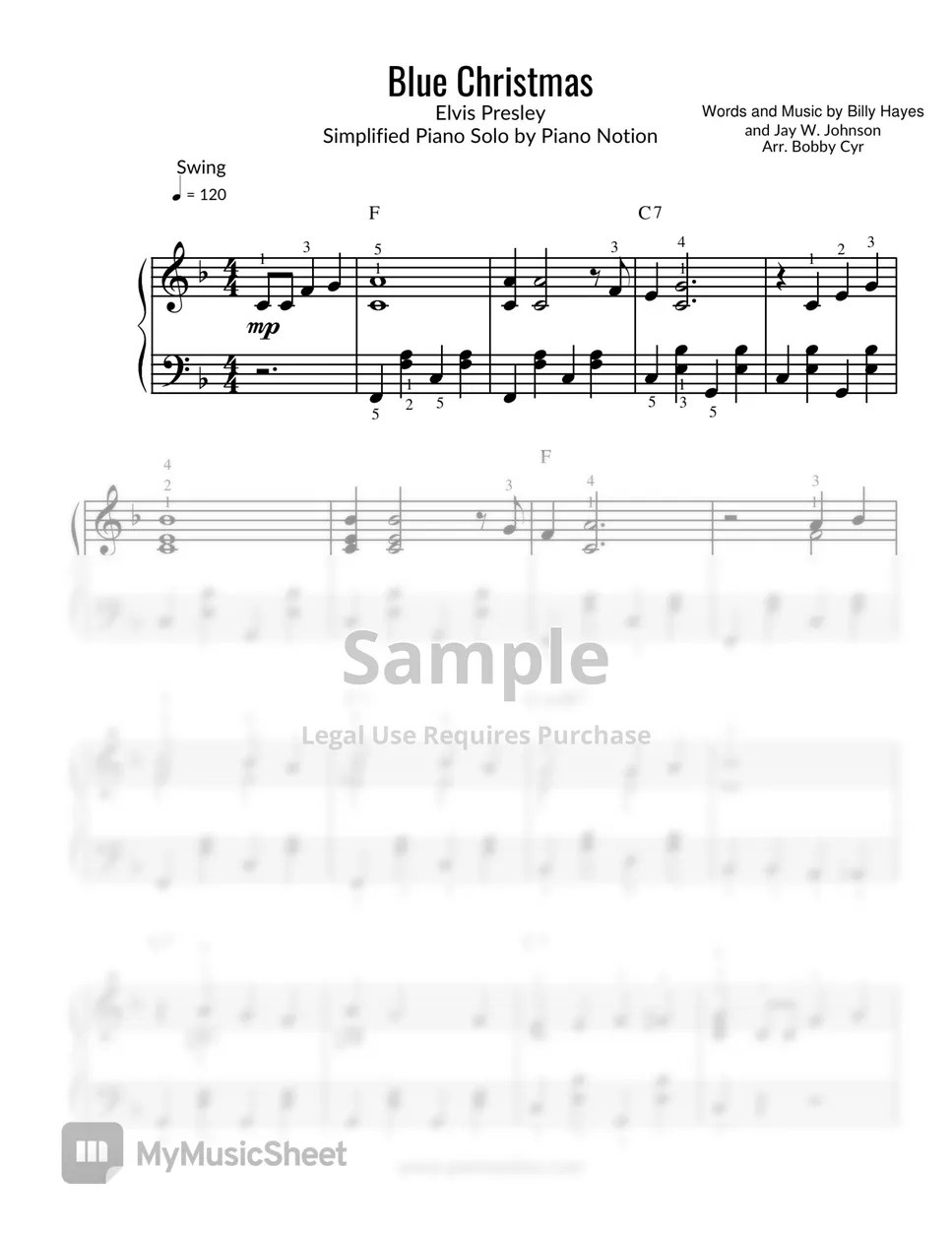 Elvis Presley Blue Christmas (Piano Solo) Sheets by Piano Notion