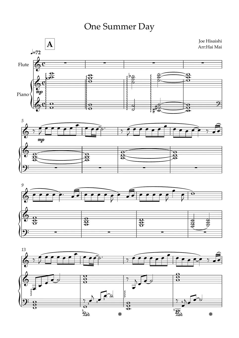 Joe Hisaishi One summer's day for Flute solo and Piano