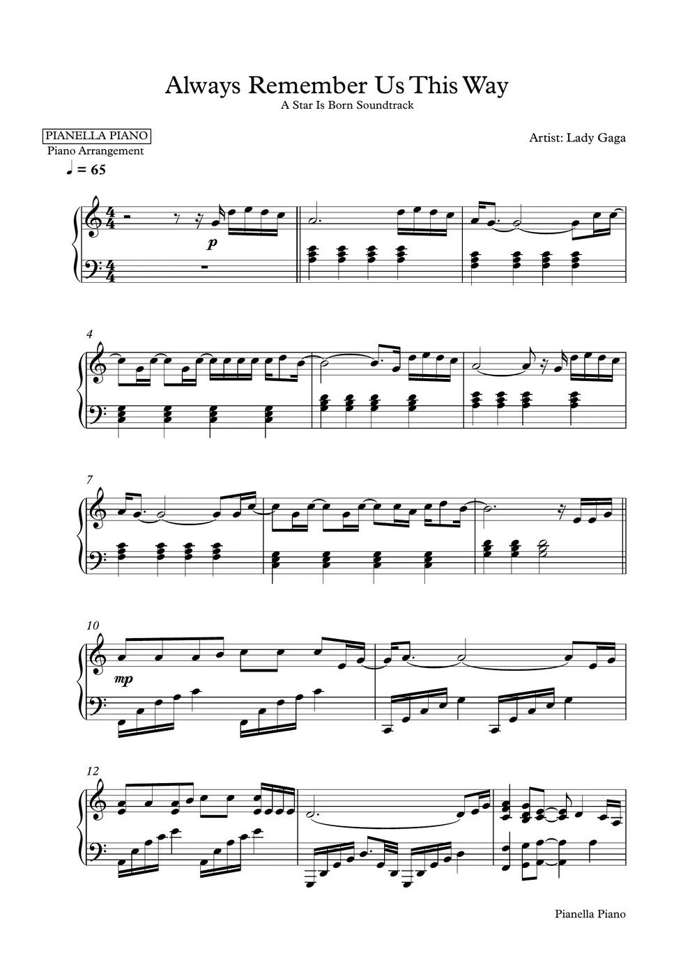 Lady Gaga Always Remember Us This Way (A Star Is Born) Partitura by