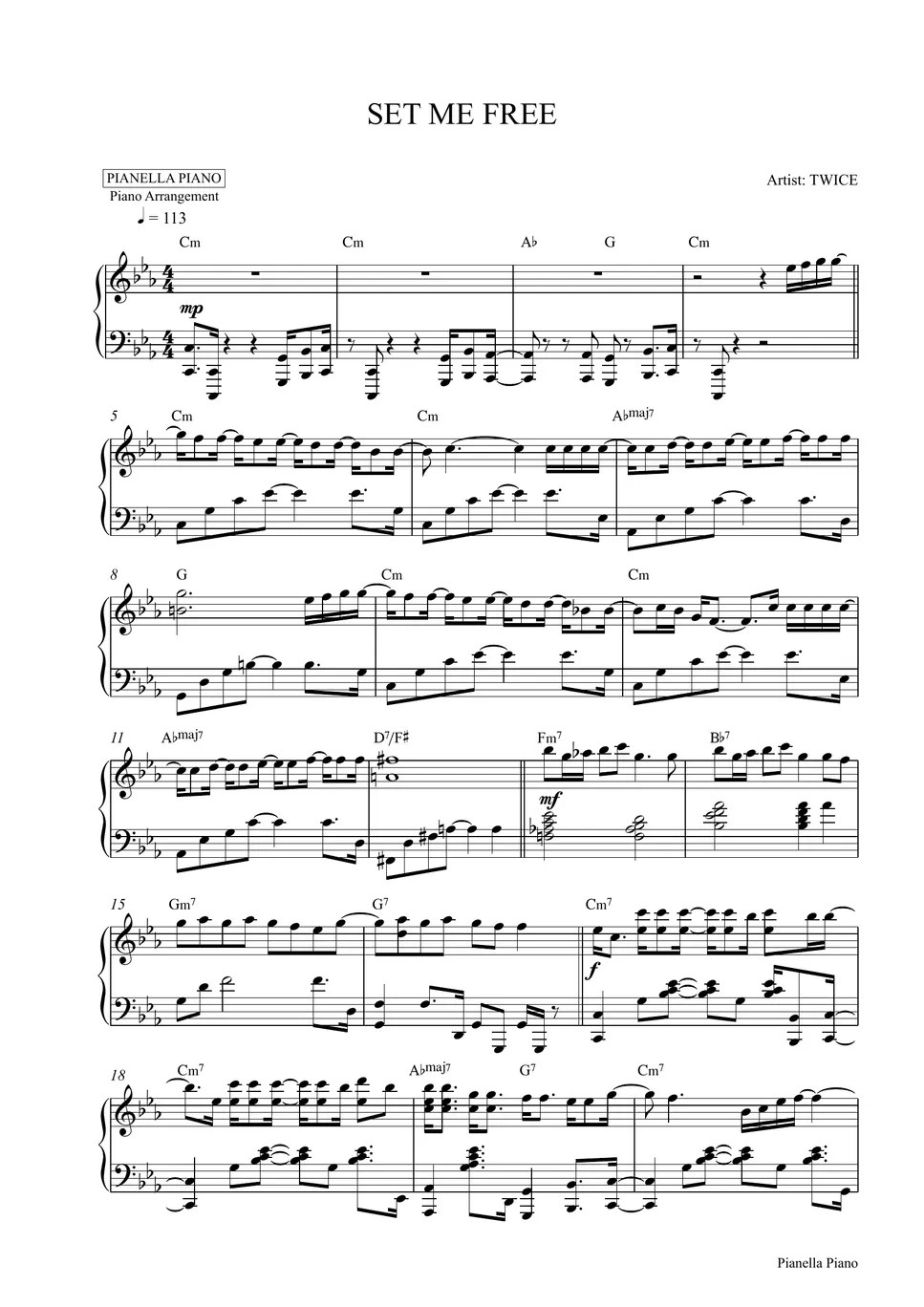 TWICE SET ME FREE (Piano Sheet) Partition musicale by Pianella Piano