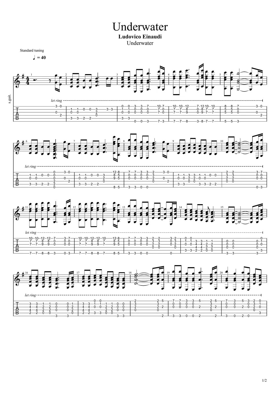 Ludovico Einaudi Underwater TAB by Nico Music