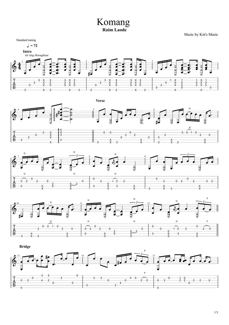 Raim Laode Komang[Easy Guitar Fingerstyle For Beginner] 악보 by Kin's Music