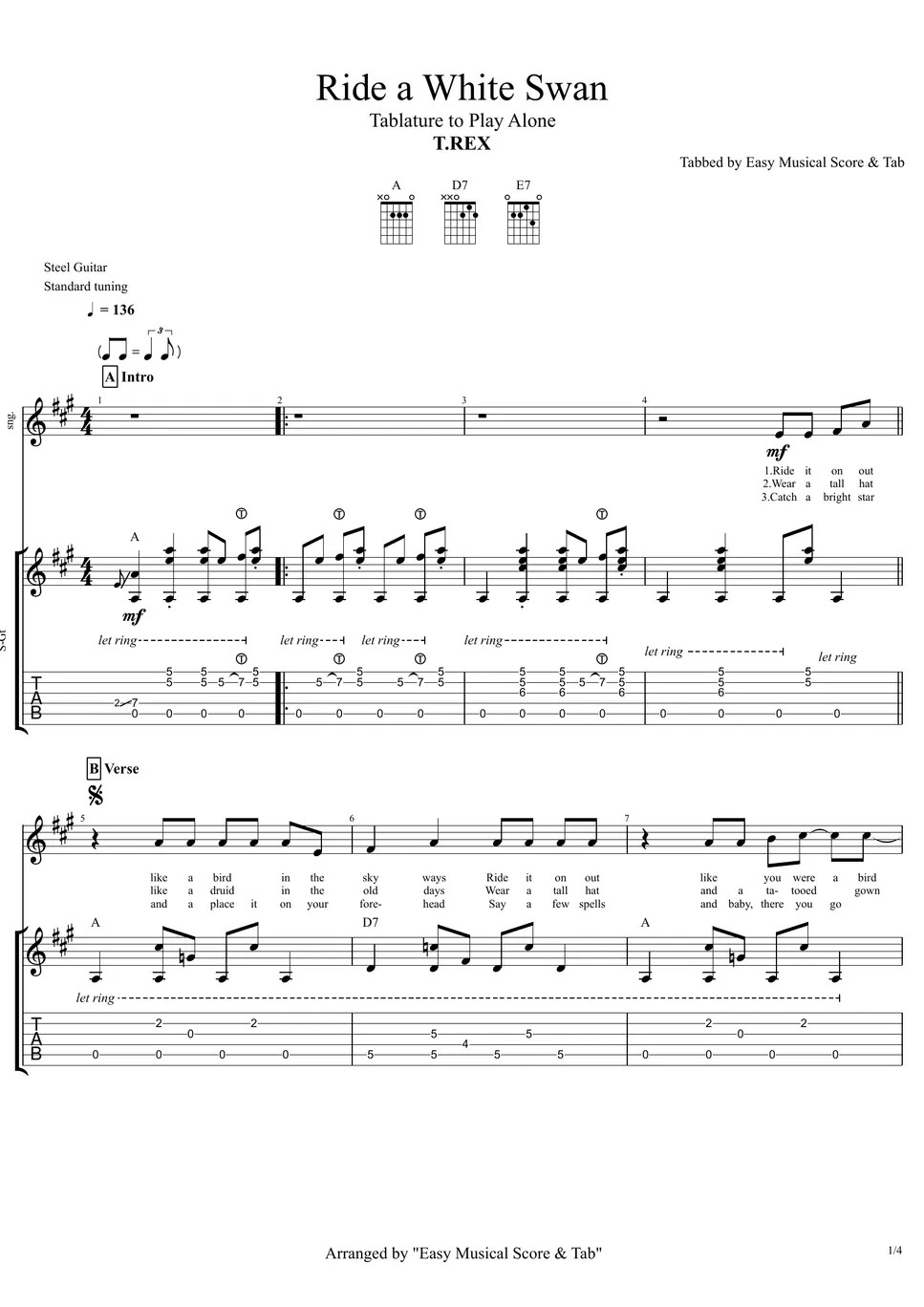 T.Rex Ride a White Swan (How to play alone) Sheets by "Easy Musical