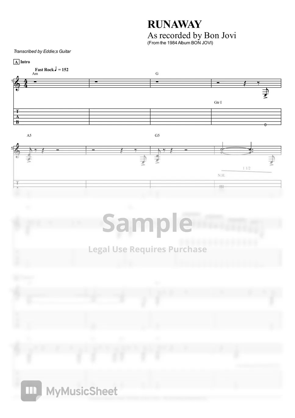 Bon Jovi Runaway Partition musicale