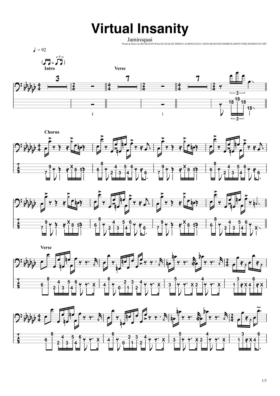 Jamiroquai Virtual Insanity (BassTAB 4strings) Sheets by swbass