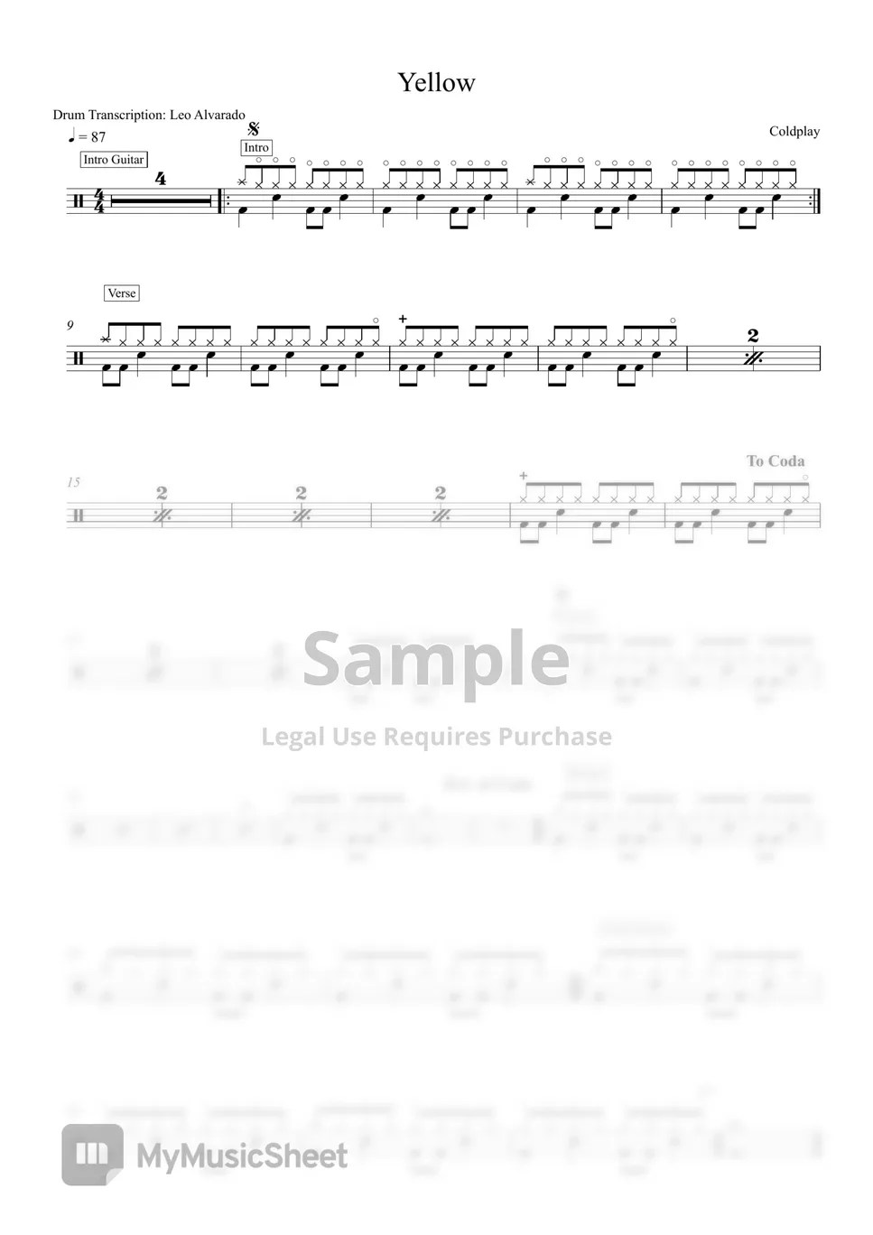 Coldplay Yellow 악보 by Drum Transcription Leo Alvarado
