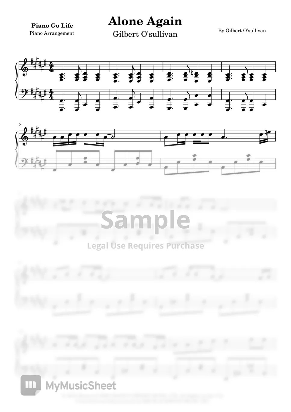 Gilbert O'Sullivan Alone Again 악보 by Piano Go Life
