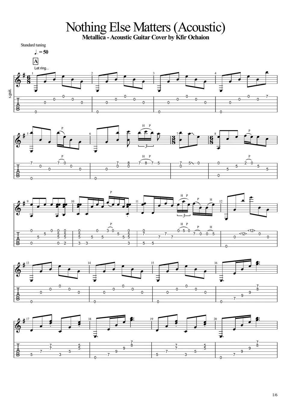 Metallica Nothing Else Matters (Acoustic) Tab + 1staff by Kfir Ochaion