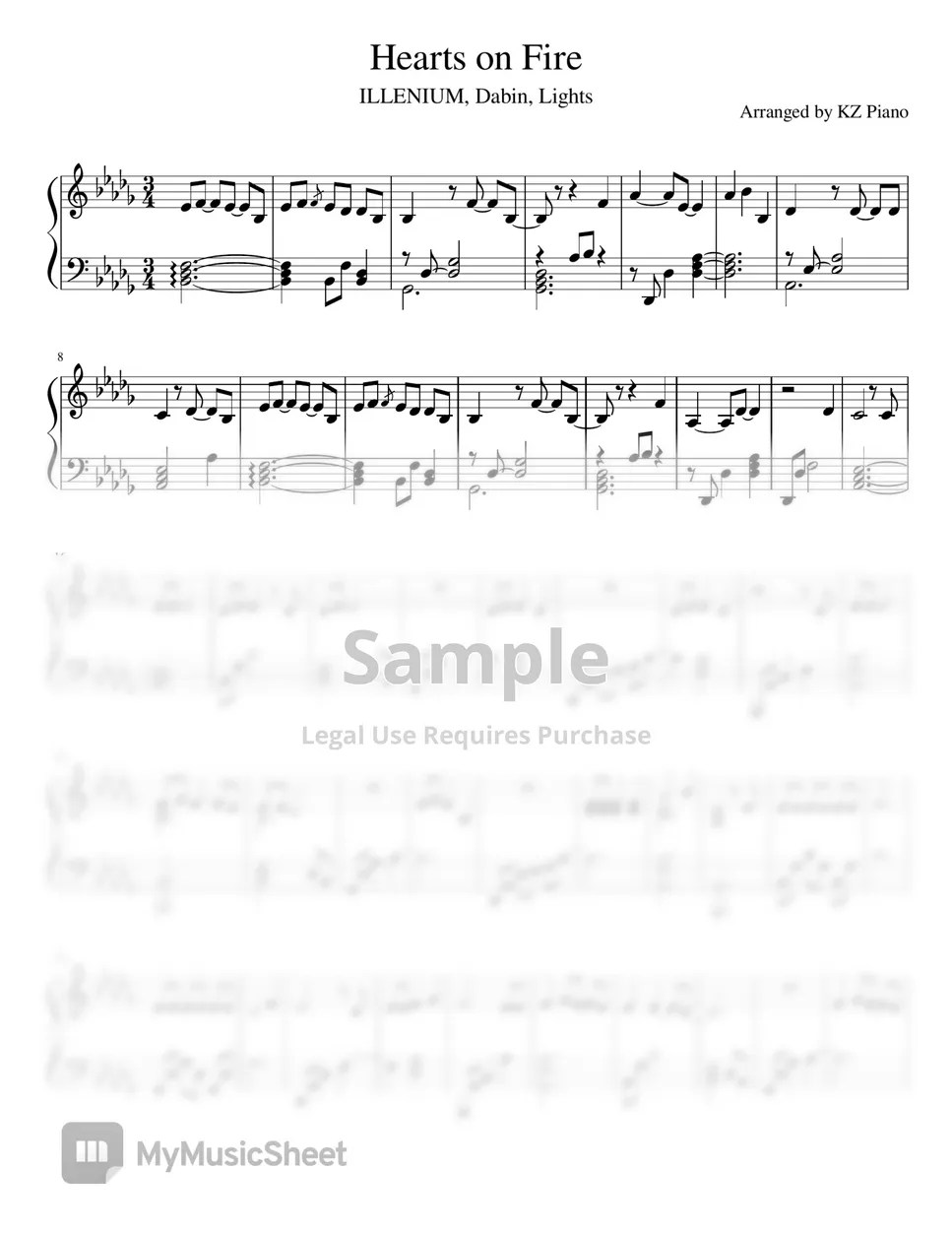 ILLENIUM, Dabin, Lights Hearts on Fire Sheets by KZ Piano