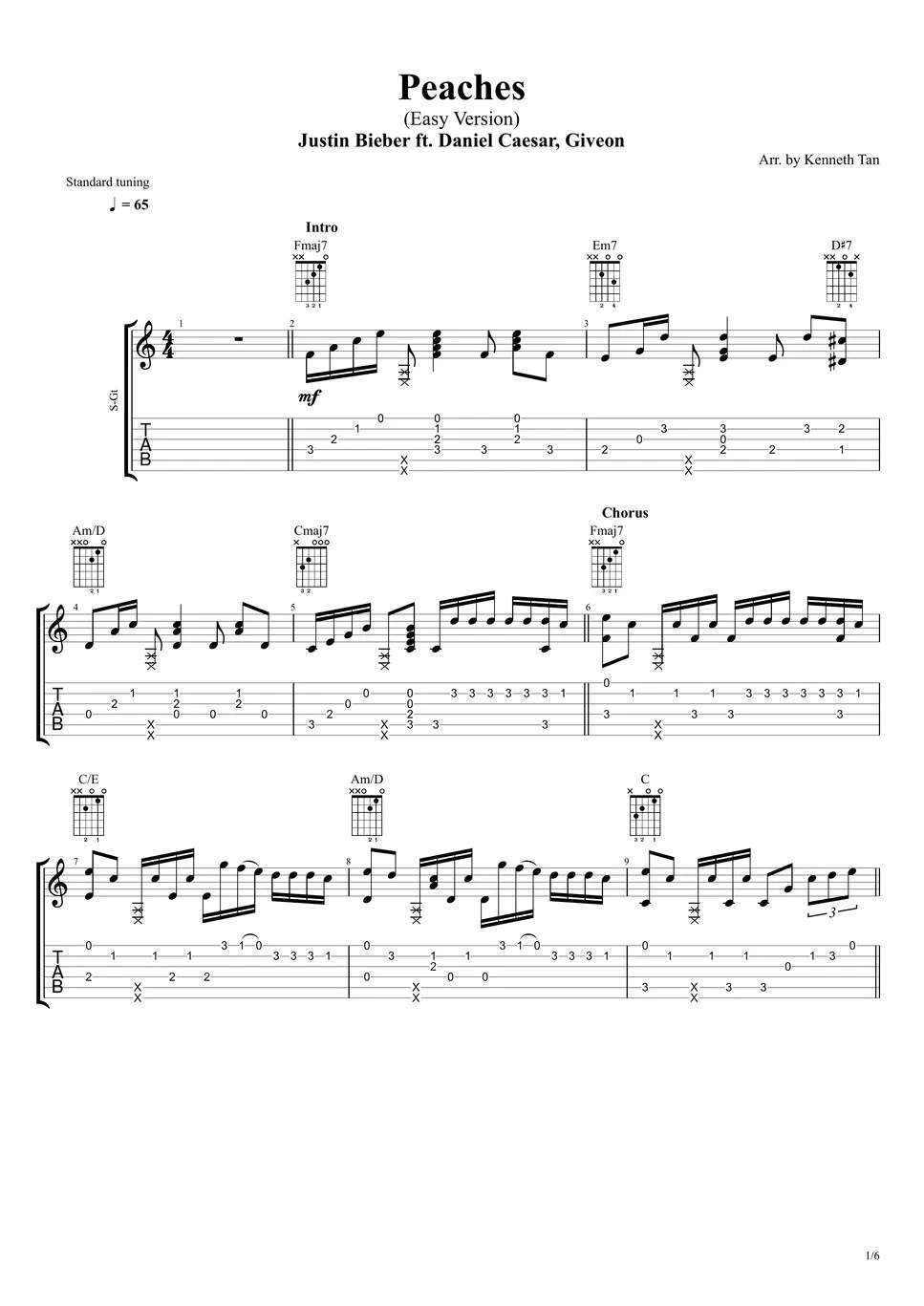 Justin Bieber ft. Daniel Caesar, Giveon Fingerstyle Guitar Peaches