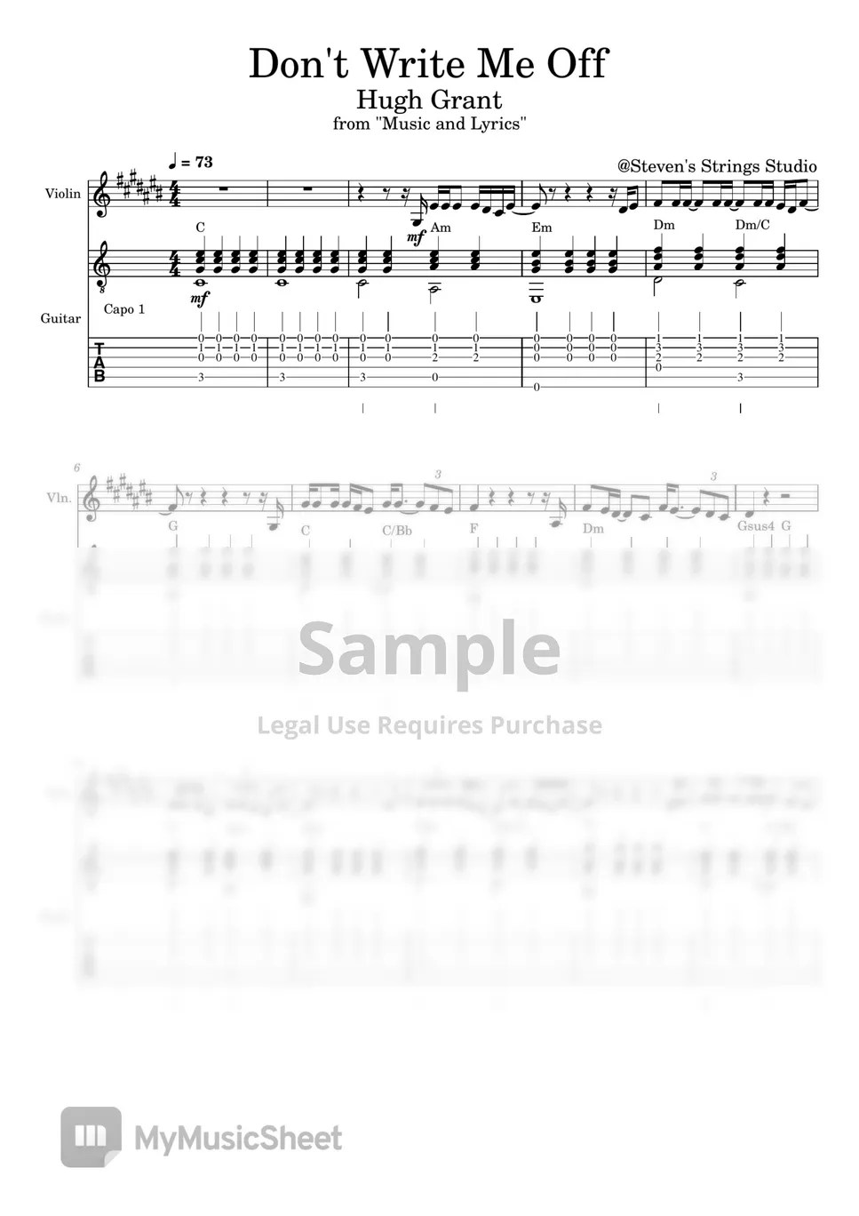 Hugh Grant Don't Write Me Off (Violin Guitar Duet) Tab + 1staff by