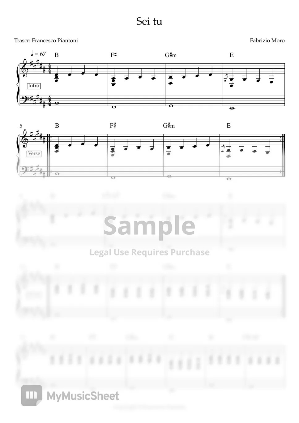 Fabrizio Moro Sei tu (spartito pianoforte) 악보 by Francesco Piantoni