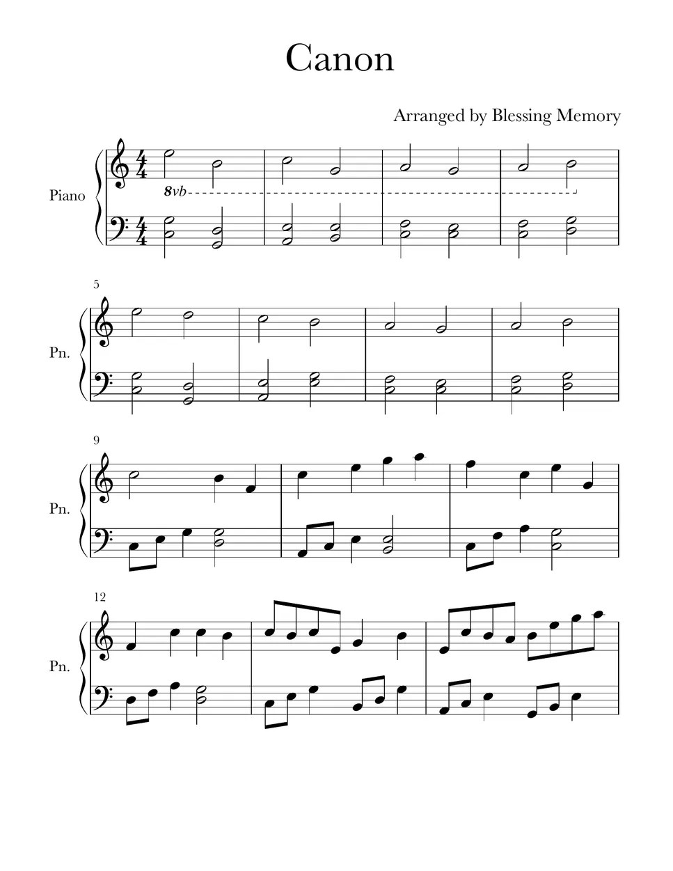 Pachelbel Canon (Easy Piano Cover) Sheet by Blessing Memory