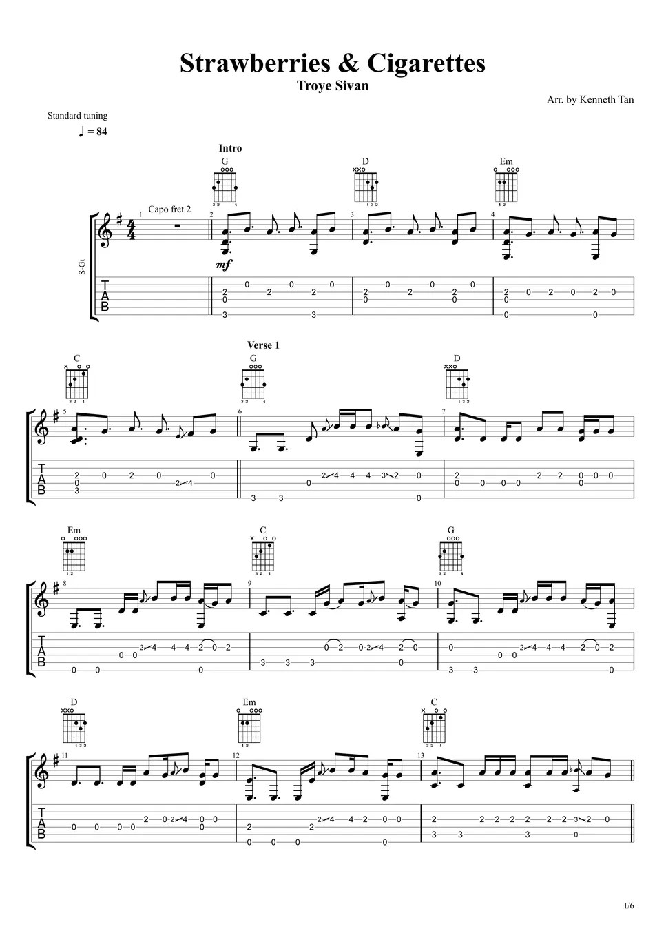 Troye Sivan Fingerstyle Guitar Strawberries & Cigarettes TAB by