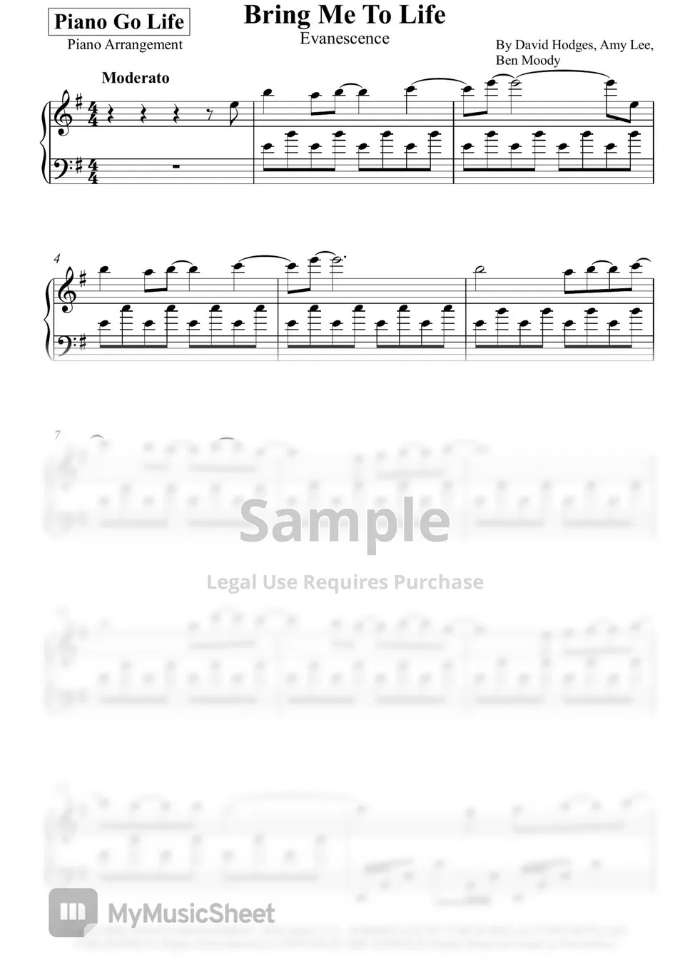 Evanescence Bring Me To Life Sheets by Piano Go Life