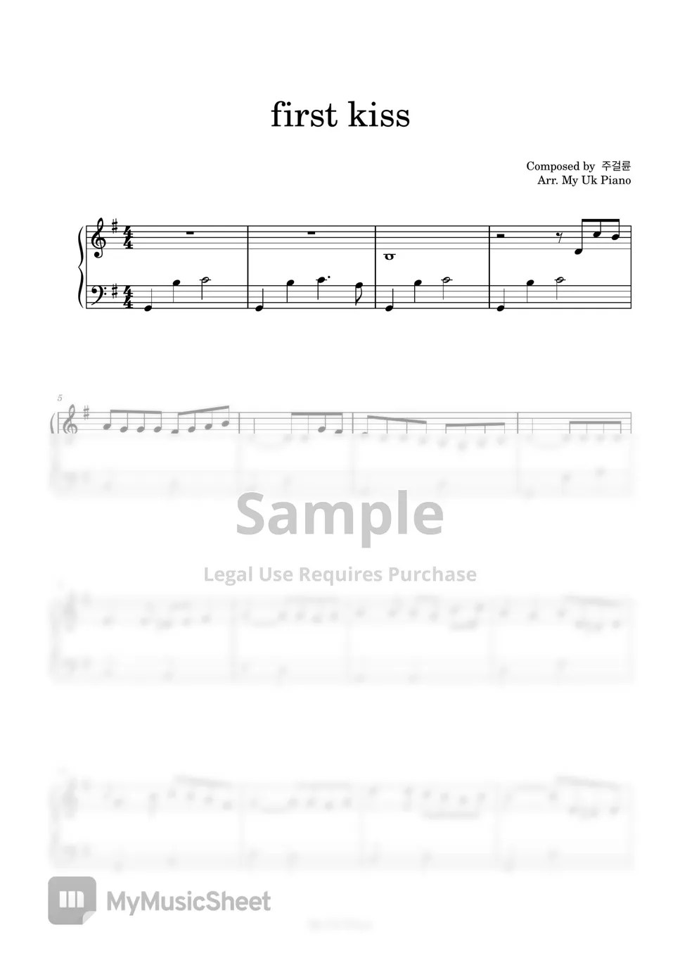 주걸륜 first kiss (말할 수 없는 비밀 OST, 쉬운악보, 쉬운계이름악보) 악보 by My Uk Piano
