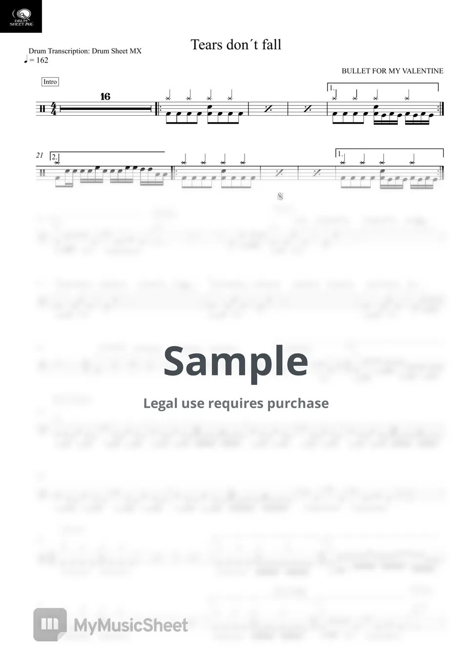 BULLET FOR MY VALENTINE Tears don´t fall Sheets by Drum Transcription