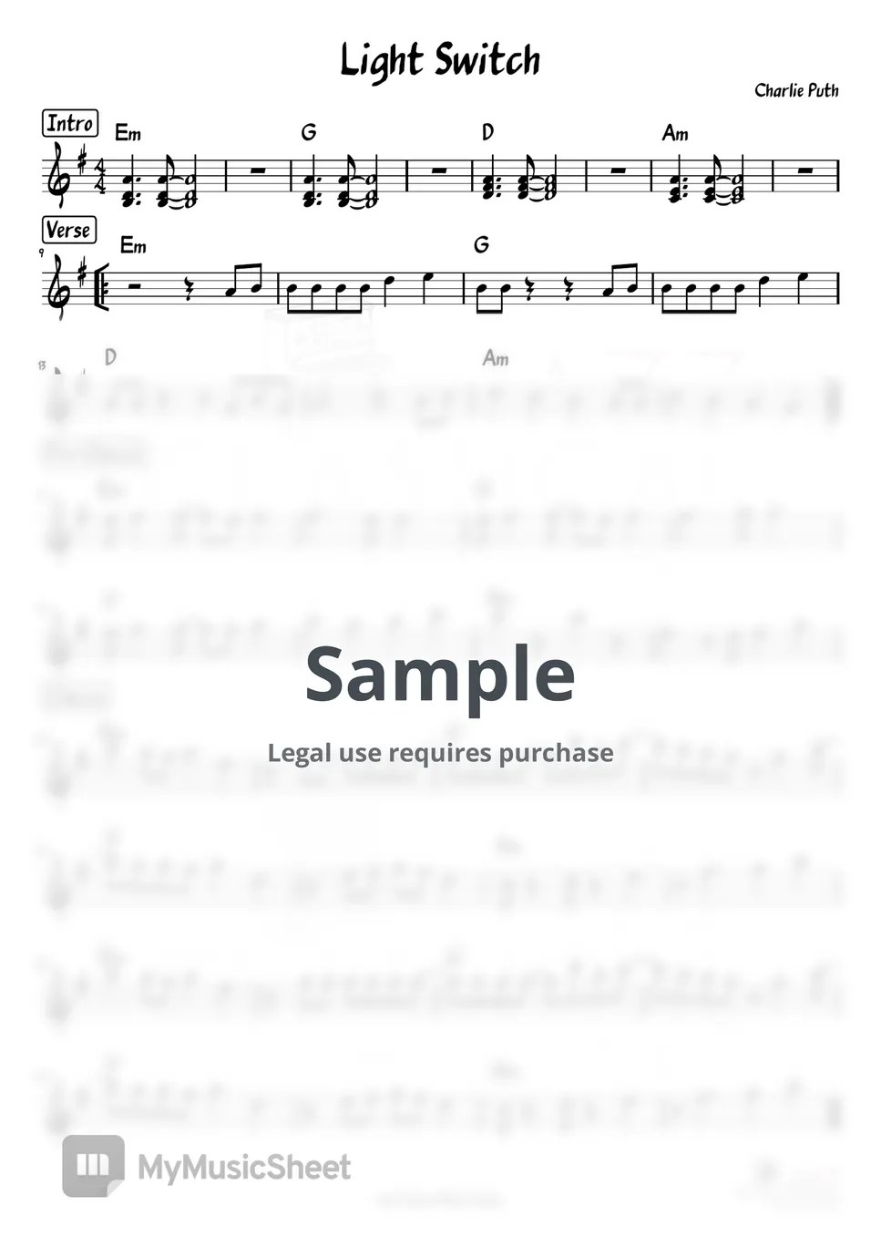 Charlie Puth Light Switch Sheets by Jazz Classical Music Studio