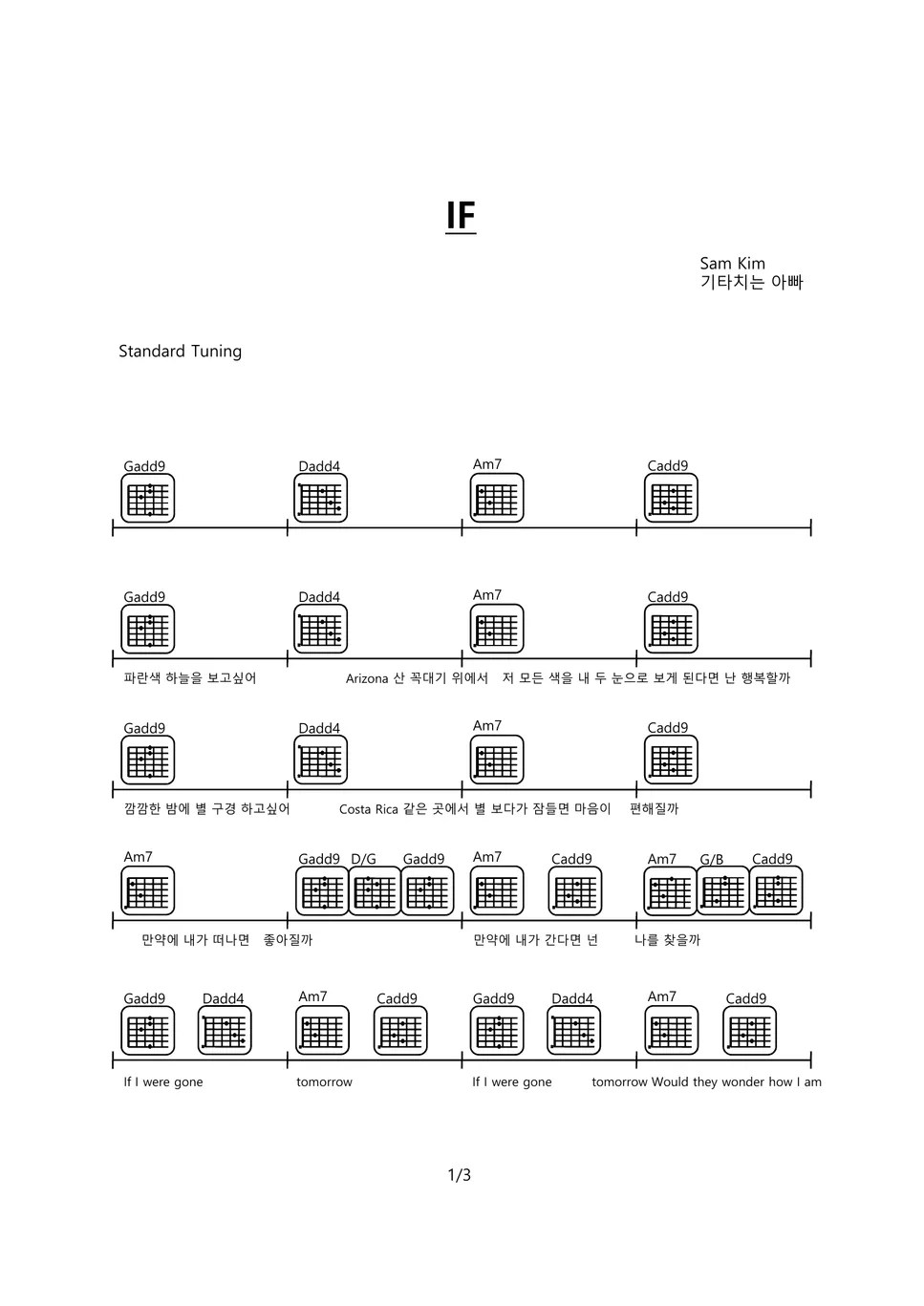 Sam Kim If guitar chords sheet TAB