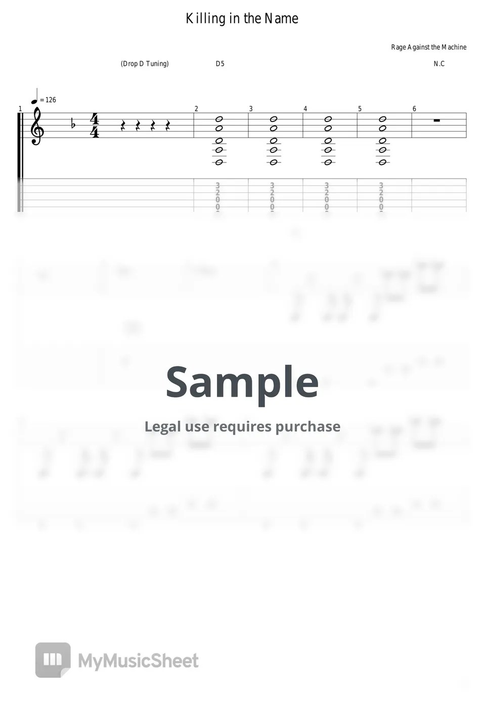 Rage Against The Machine Killing In the Name Tab + 1staff by guitar