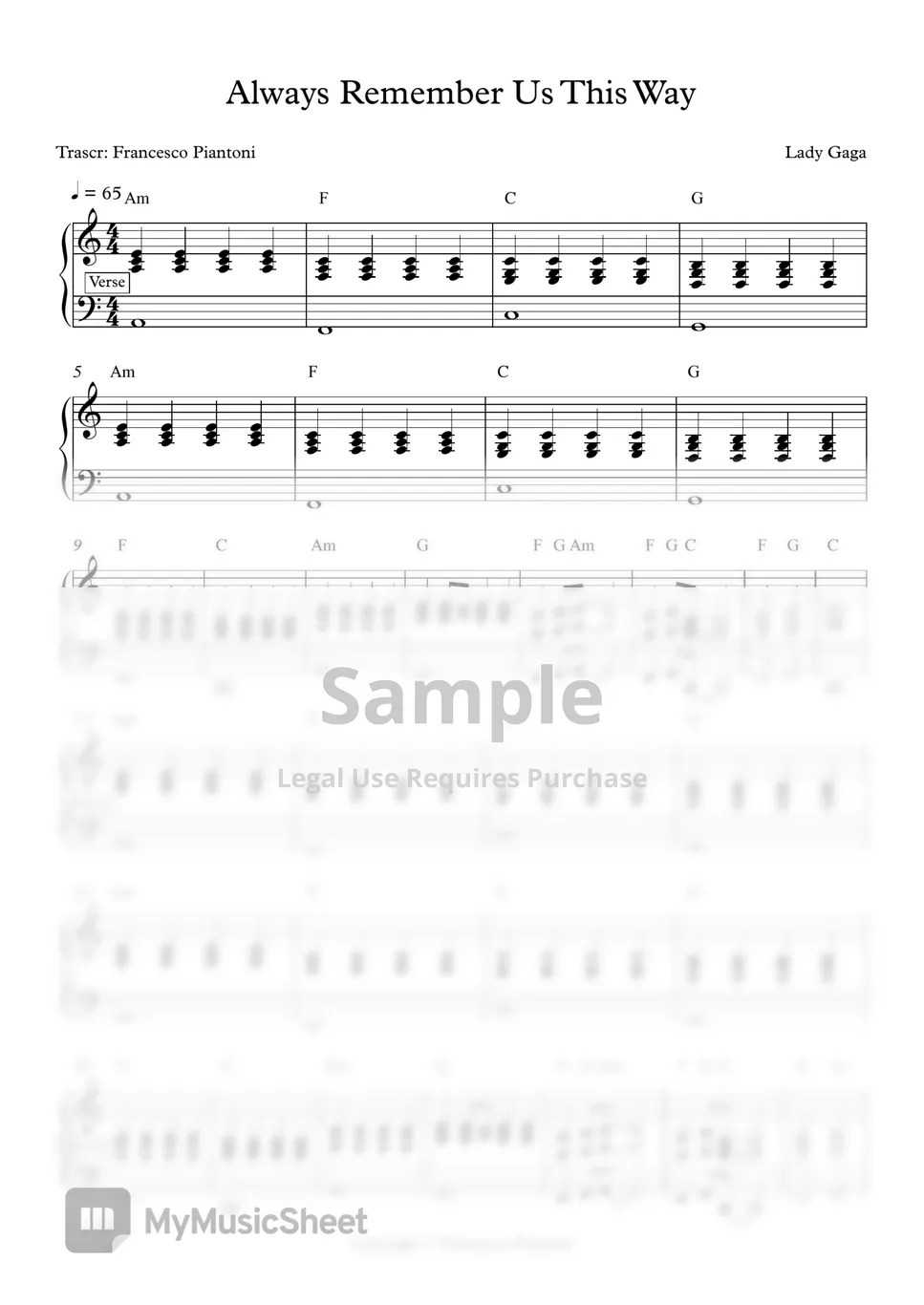 Lady Gaga Alway remember us this way (spartito pianoforte) Sheets by