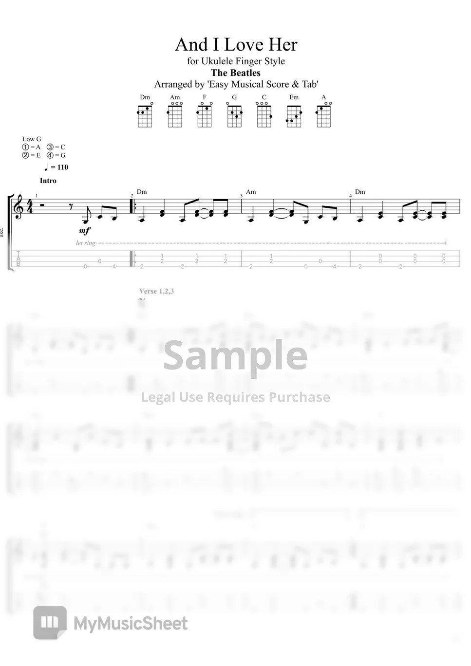 The Beatles 'And I Love Her' Tab for Ukulele Finger Style (for 'Low G Tuning') 악보 by "Easy