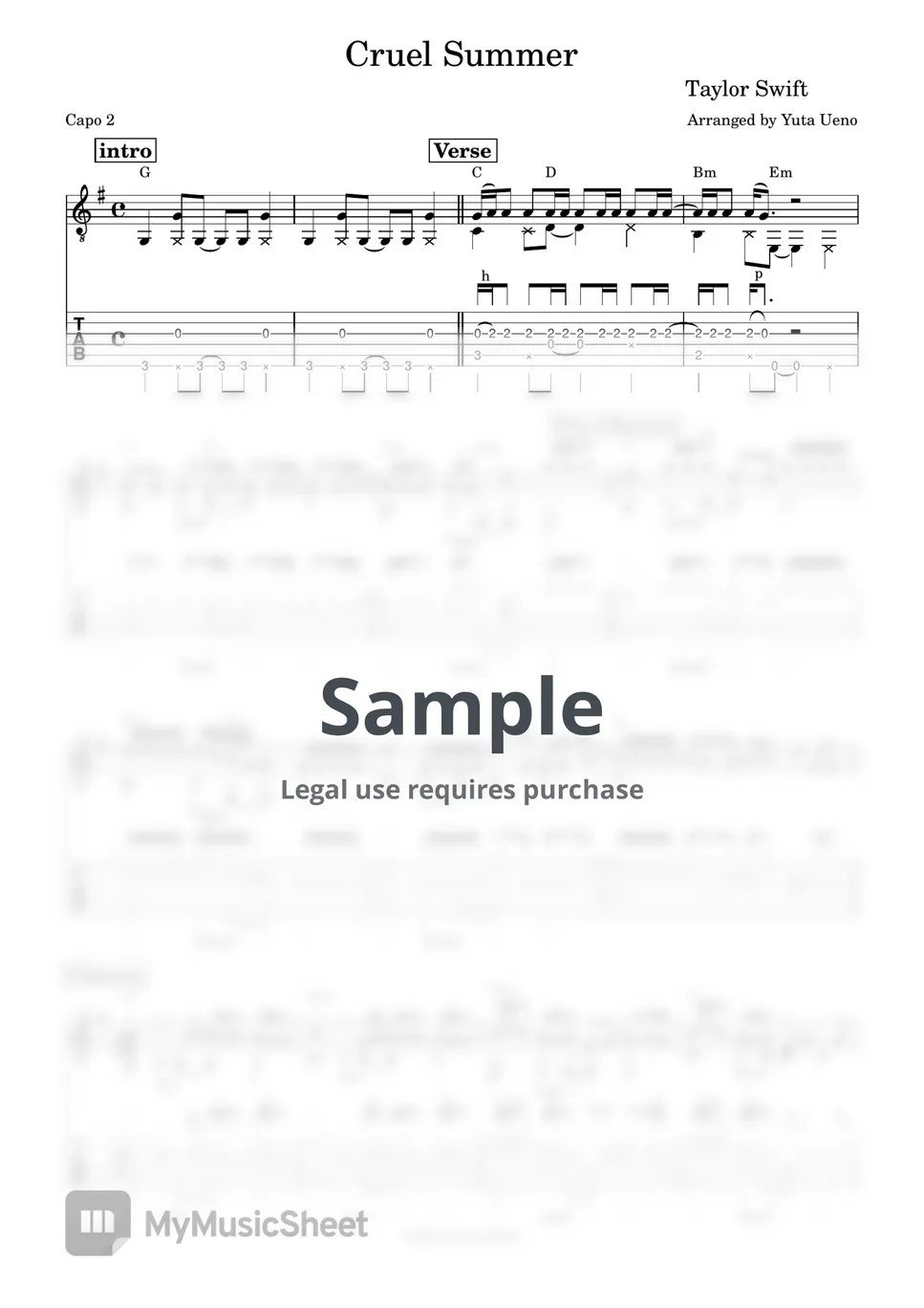 Taylor Swift Cruel Summer (Fingerstyle) Tab + 1staff by Yuta Ueno