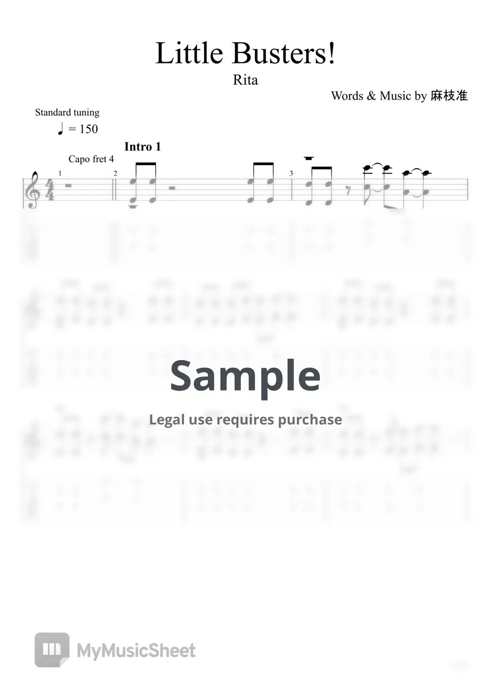 Rita Little Busters! (Fingerstyle) Tab + 단선 악보 by u3danchou
