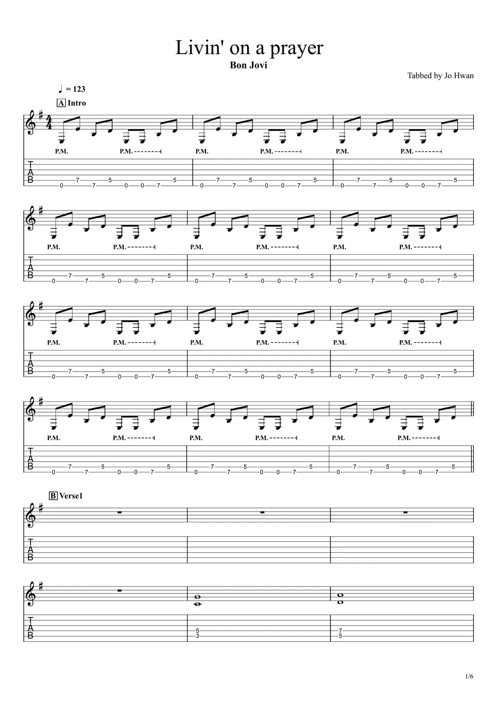 Bon Jovi Livin' on a prayer Tab + 1staff by Jo Hwan