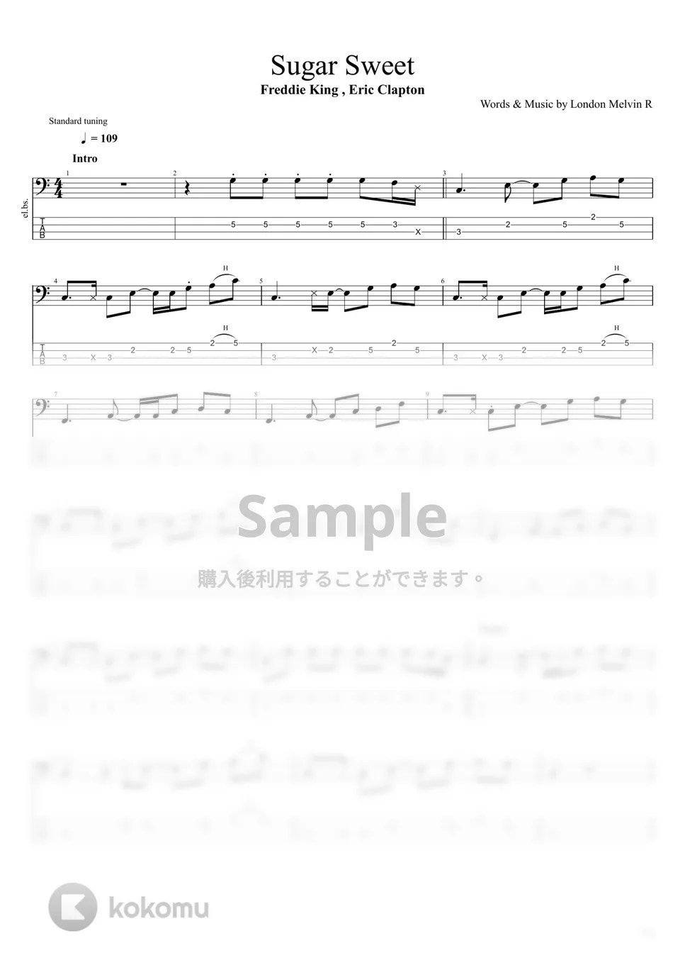 Freddie King , Eric Clapton Sugar Sweet タブ + 五線譜 by まっきん