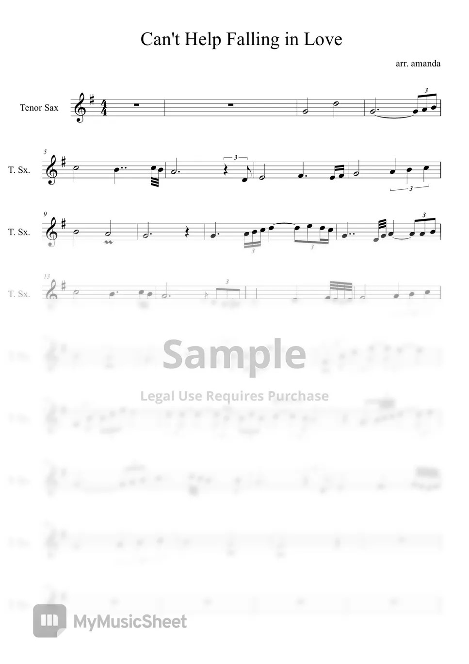 Elvis Presley Can't Help Falling in Love (tenor saxophone) 악보 by amanda