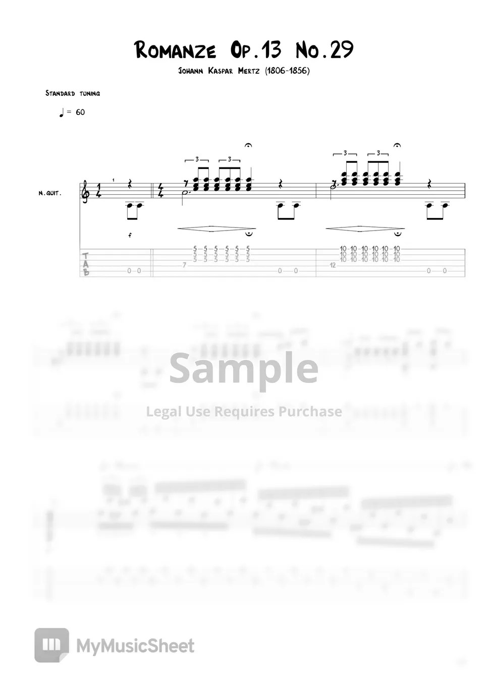 Johann Kaspar Mertz Romanze Op.13 No.29 Tab + 1staff by 「Agape Guitar」