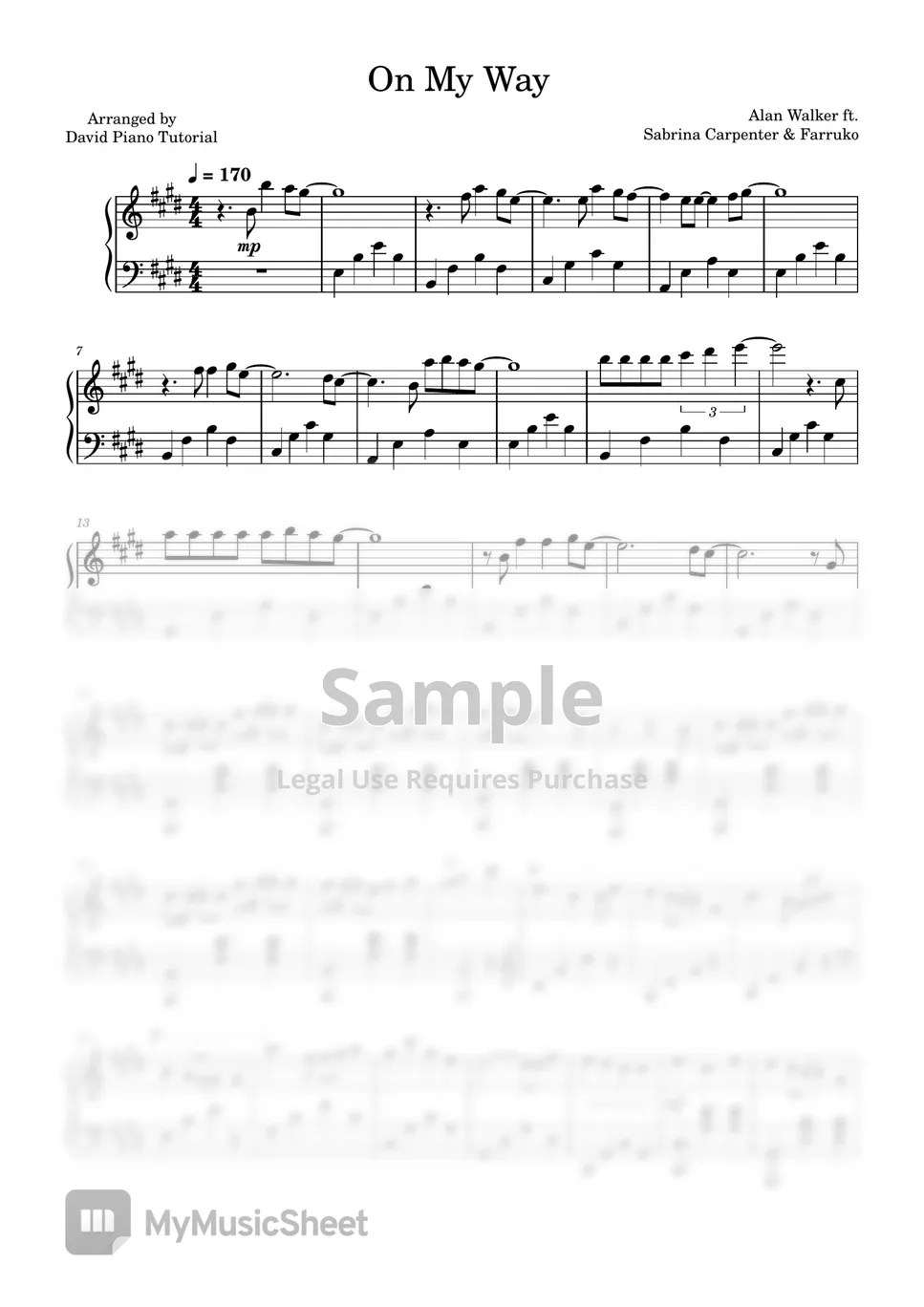 Alan Walker ft. Sabrina Carpenter & Farruko On My Way (Piano Sheets