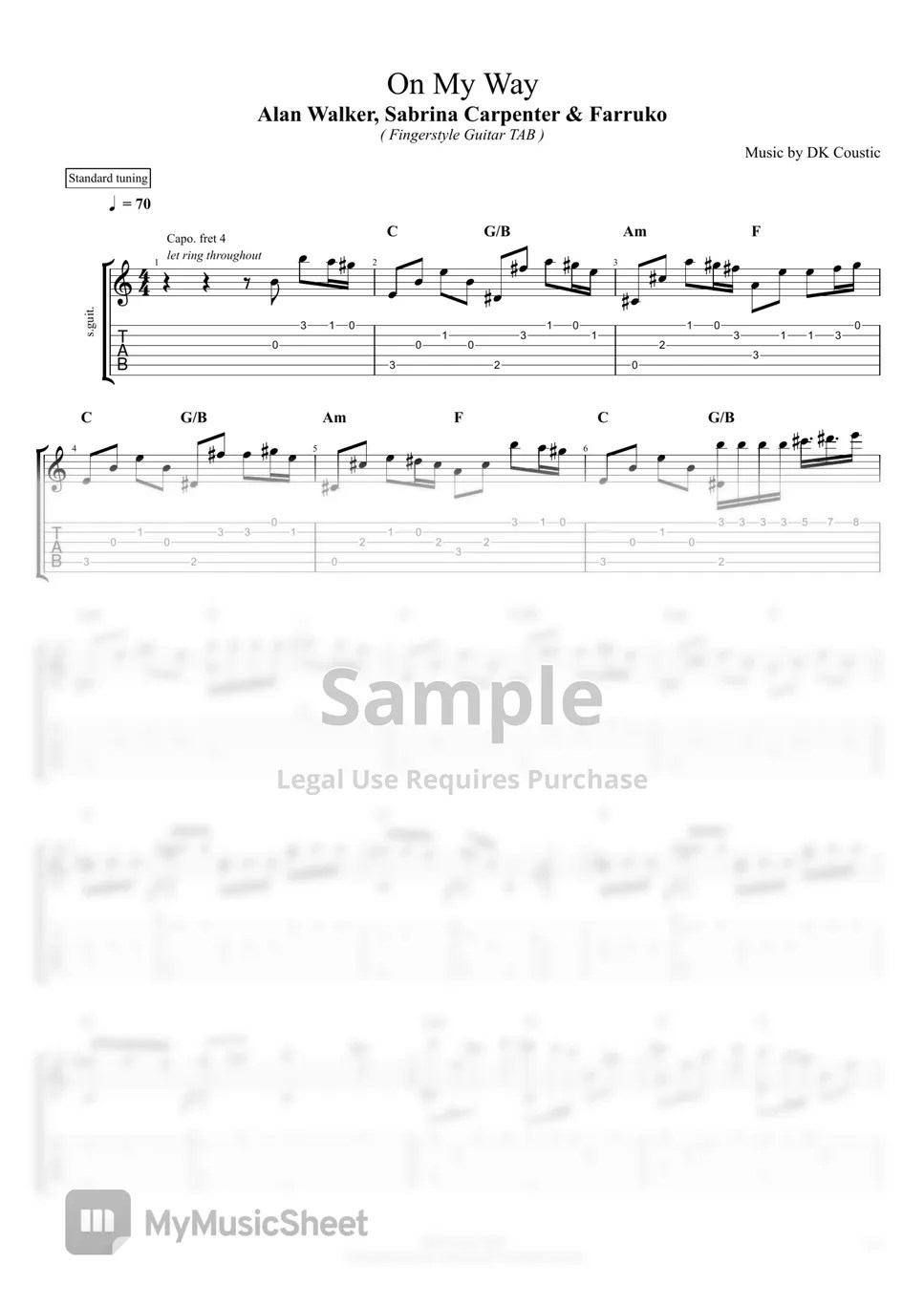 Alan Walker Ft. Sabrina Carpenter & Farruko On My Way (Fingerstyle