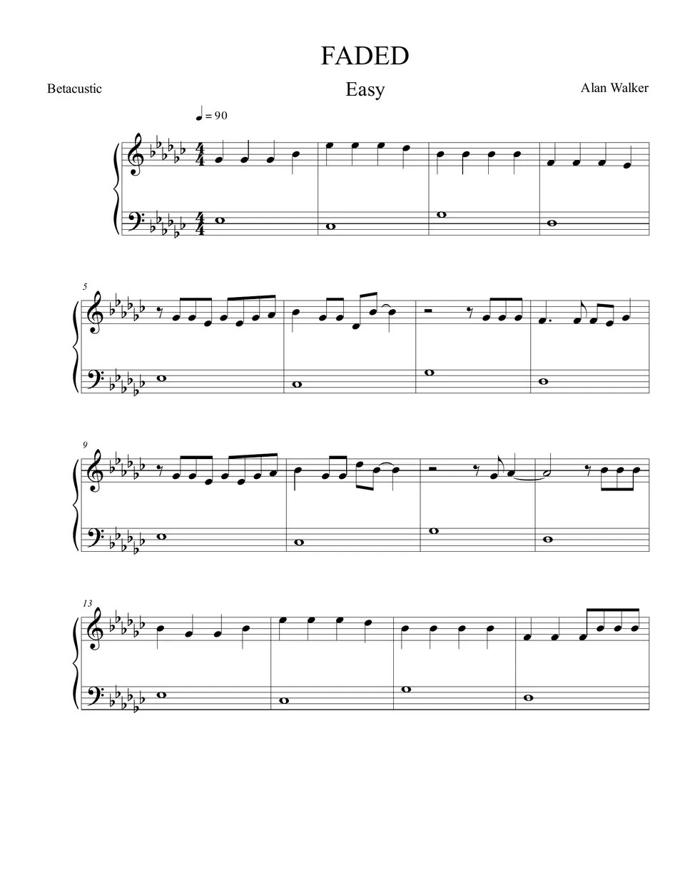 Alan Walker Faded (Easy Piano) 악보 by Betacustic