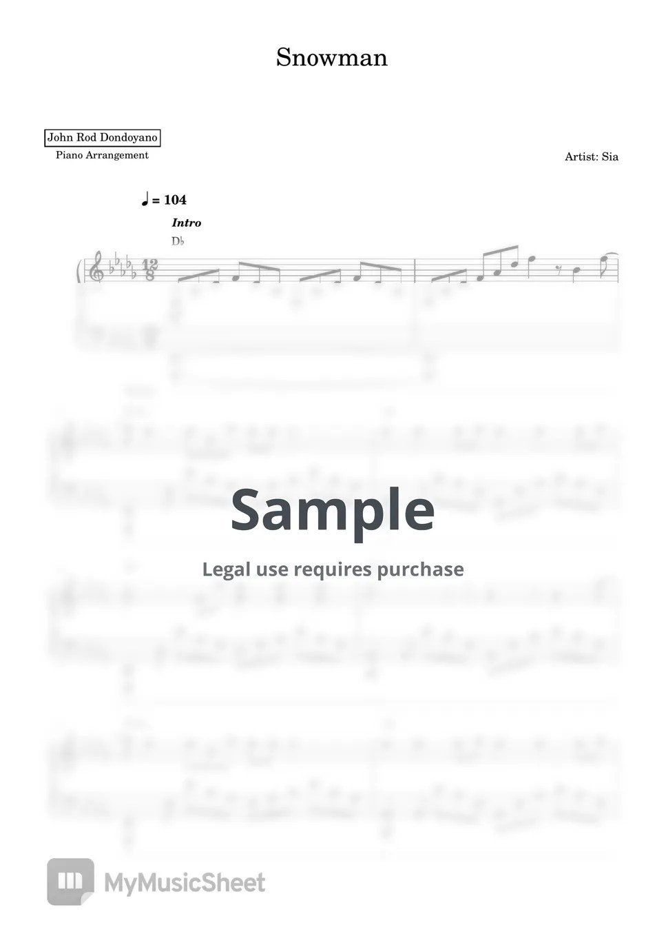 Sia Snowman (PIANO SHEET) Sheets by John Rod Dondoyano