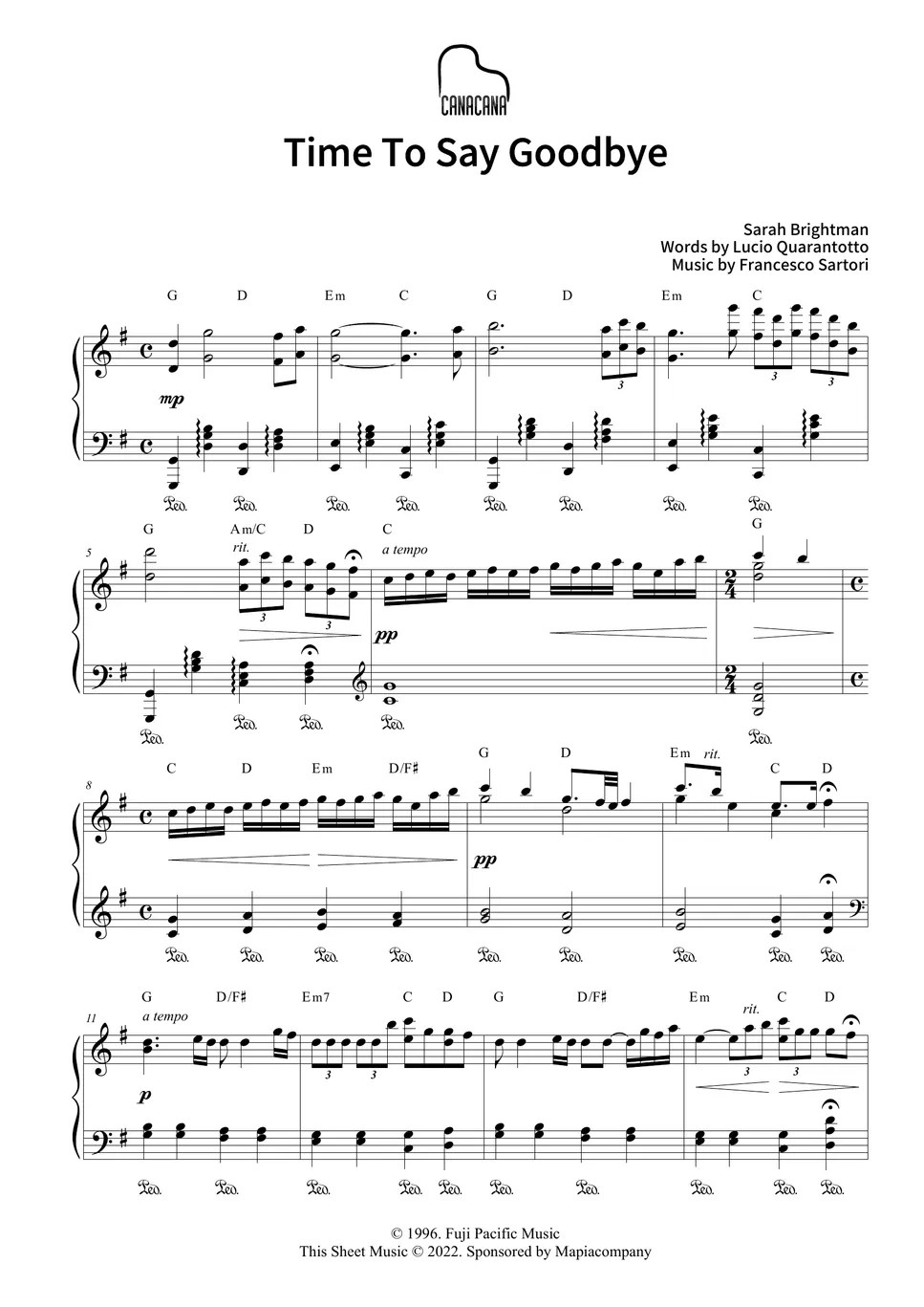 Sarah Brightman Time To Say Goodbye Partition musicale by CANACANA family