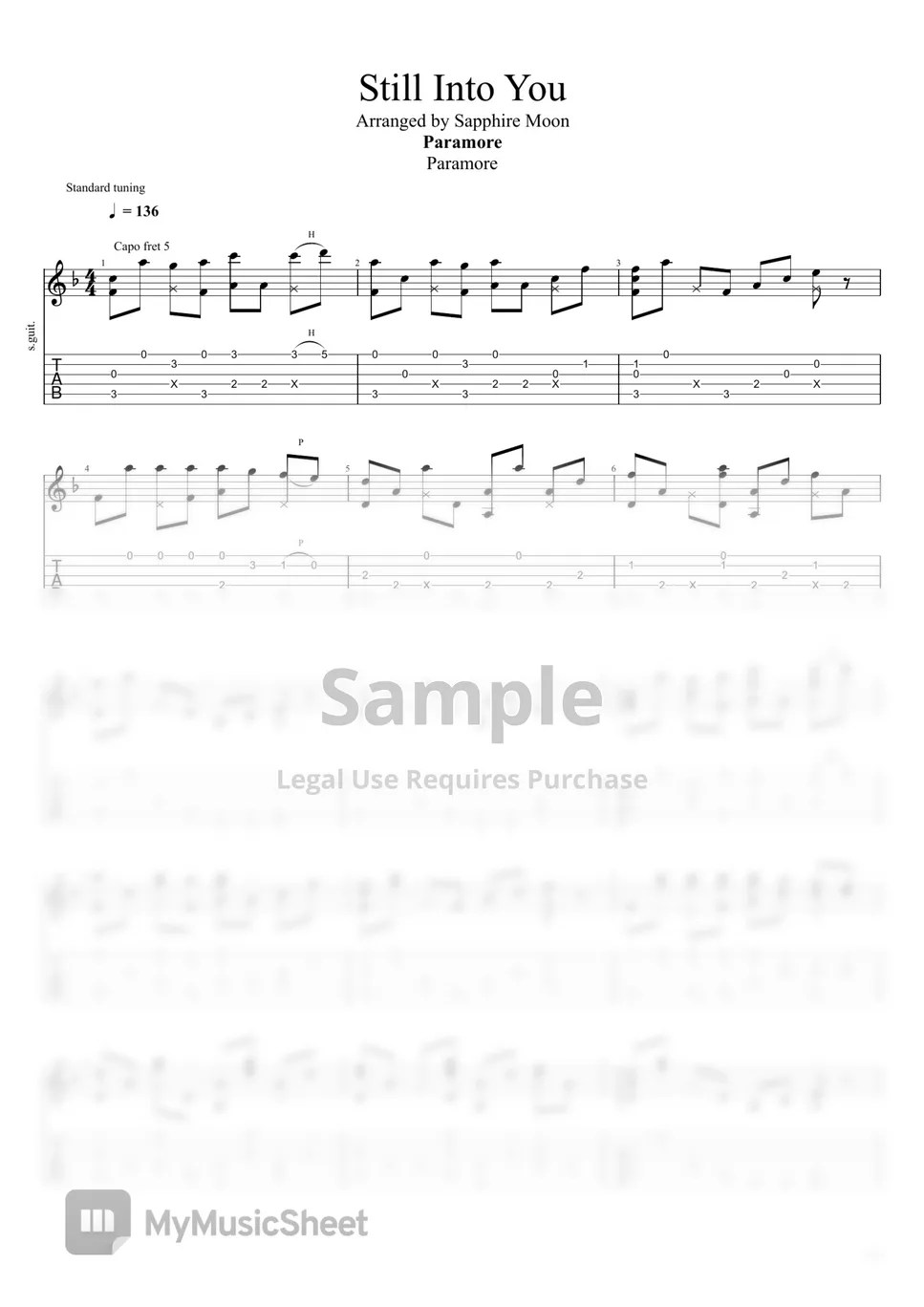 Paramore Still Into You [Fingerstyle Guitar] Tab + 1staff by Sapphire