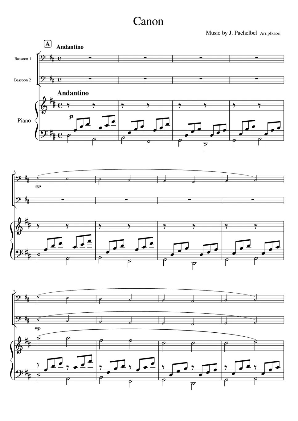 Pachelbel Canon (Bassoon duet /piano trio) Sheets by pfkaori