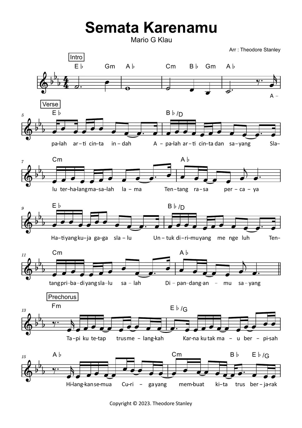 Mario G Klau Semata Karenamu Notenblatt by Theodore Stanley