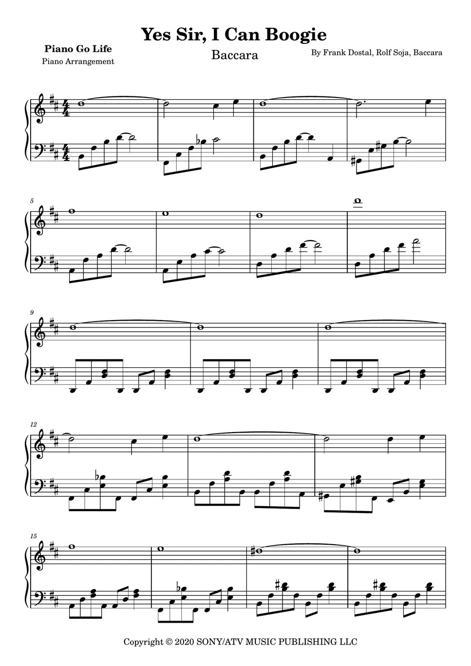 Baccara Yes Sir, I Can Boogie 楽譜 by Piano Go Life